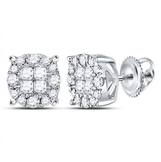 14K White Gold Womens Princess Diamond Cluster Earrings 1/2 Cttw, Length: 0.35 In, Width: 0.35 In
