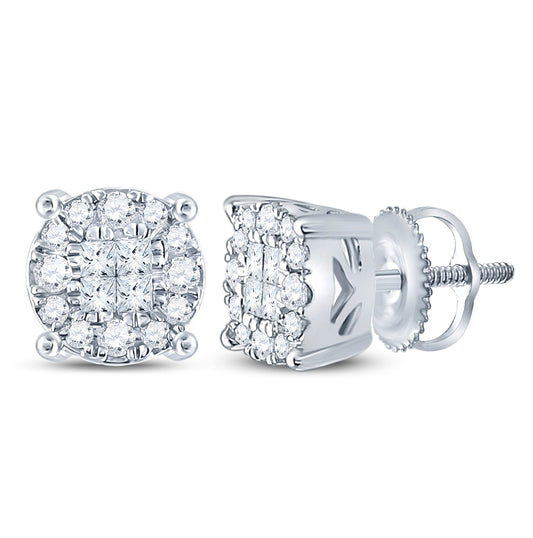 14K White Or Yellow Gold Womens Princess Diamond Fashion Cluster Earrings