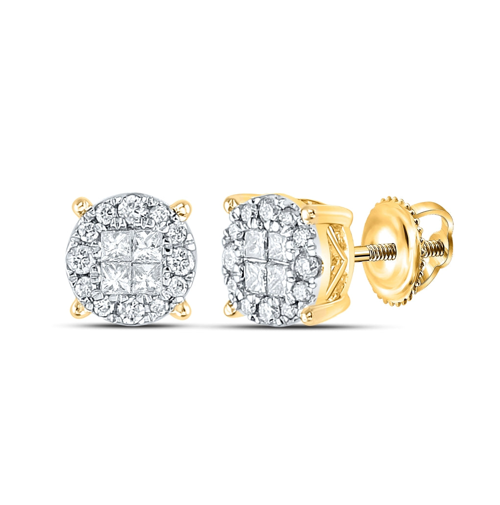 14K Yellow Gold Womens Princess Round Diamond Cluster Earrings 1/2 Cttw, Length: 0.35 In, Width: 0.35 In