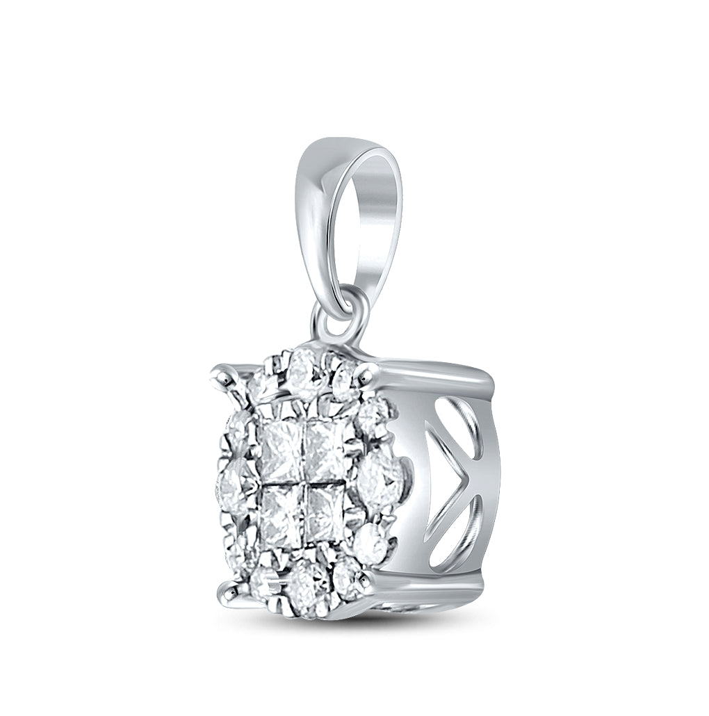 14K White Gold Womens Princess Diamond Cluster Pendant 1/4 Cttw, Length: 0.51 In, Width: 0.28 In