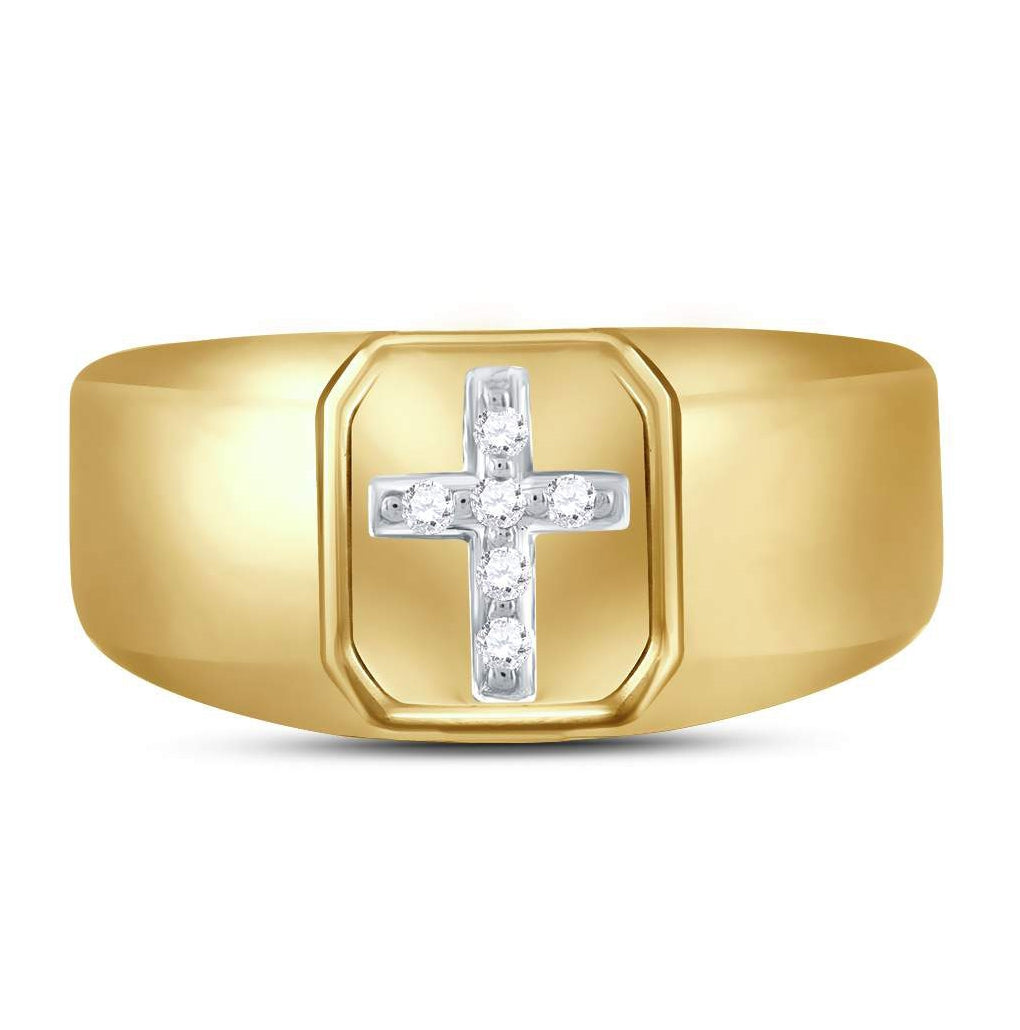 10K Yellow Gold Mens Round Diamond Cross Band Ring 1/20 Cttw, Mens Size: 7-13