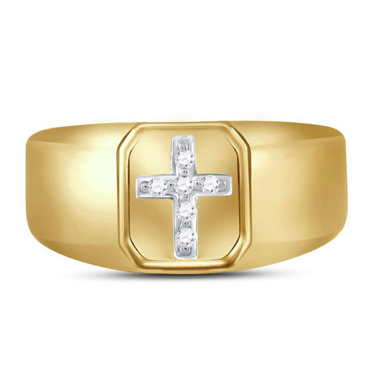 10K Yellow Gold Mens Round Diamond Cross Band Ring 1/20 Cttw, Mens Size: 7-13