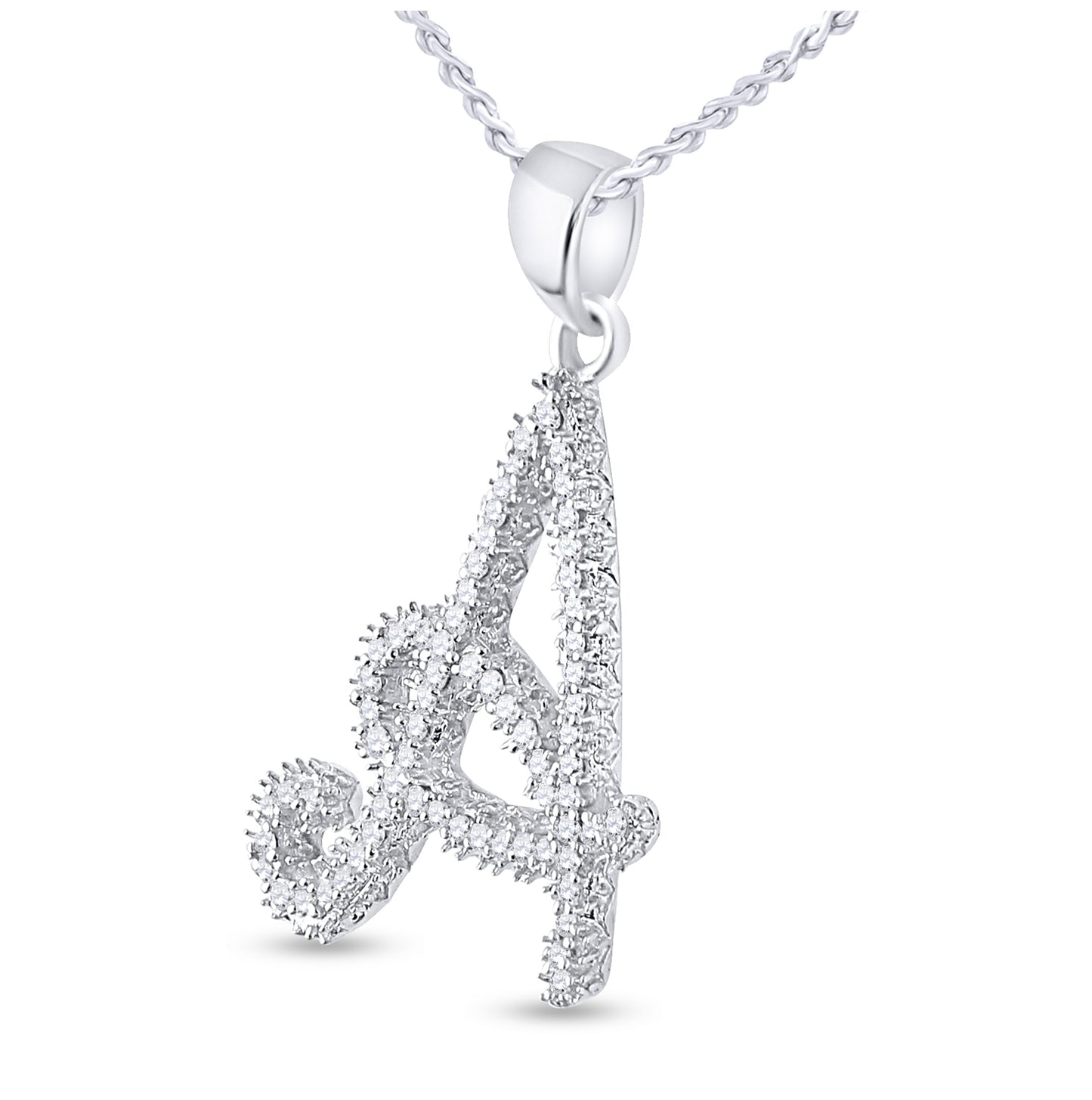 10K White Gold Womens Round Diamond Cursive Letter Pendant