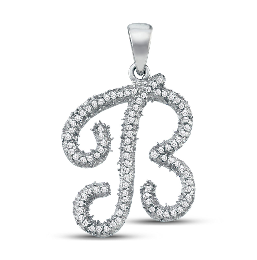 10K White Gold Womens Round Diamond Cursive Letter Pendant