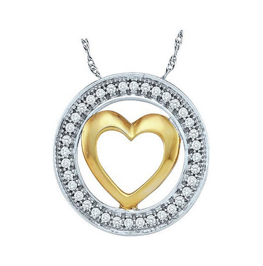 10K Two-tone White Gold Womens Round Diamond Encircled Heart Pendant 1/10 Cttw