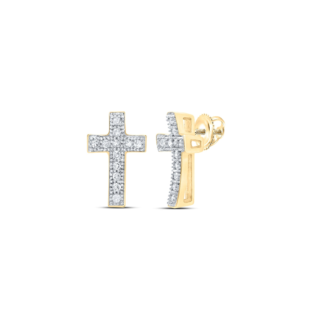 10K Yellow Gold Womens Round Diamond Cross Earrings 1/10 Cttw