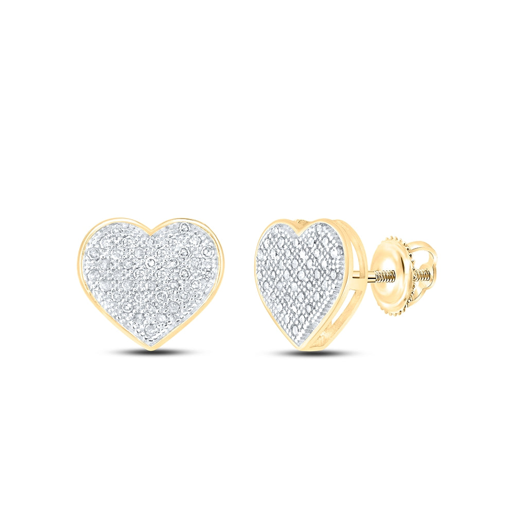 10K Yellow Gold Womens Round Diamond Heart Earrings 1/5 Cttw, Length: 0.34 In, Width: 0.37 In