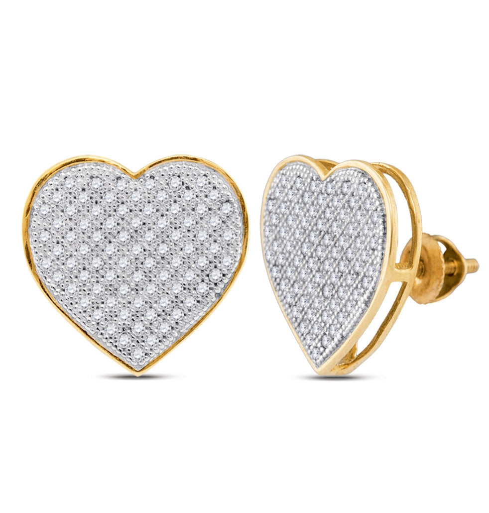 10K Yellow Gold Womens Round Diamond Heart Earrings 1/2 Cttw, Length: 0.51 In, Width: 0.57 In