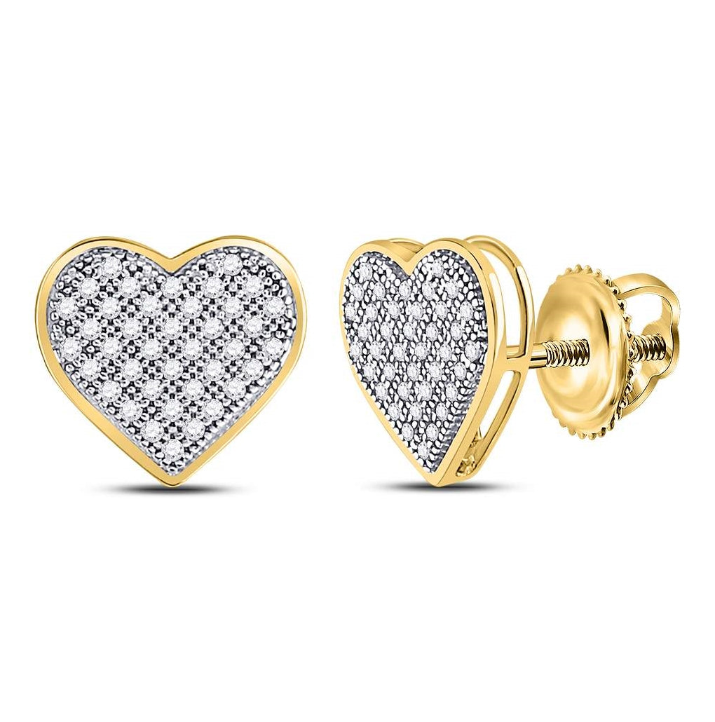 10K Yellow Gold Womens Round Diamond Heart Earrings 1/4 Cttw, Length: 0.39 In, Width: 0.39 In