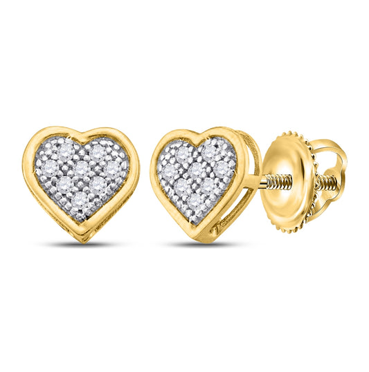 10K Yellow Gold Womens Round Diamond Heart Cluster Earrings 1/6 Cttw