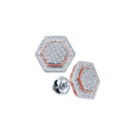 10K White Gold Womens Round Diamond Cluster Rose-tone Hexagon Stud Earrings 1/3 Cttw, Length: 0.44 In, Width: 0.38 In
