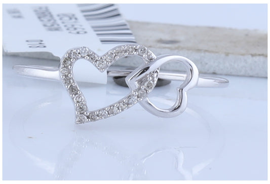 10K White Gold Womens Round Diamond Double Heart Ring 1/20 Cttw, Womens Size: 5-10