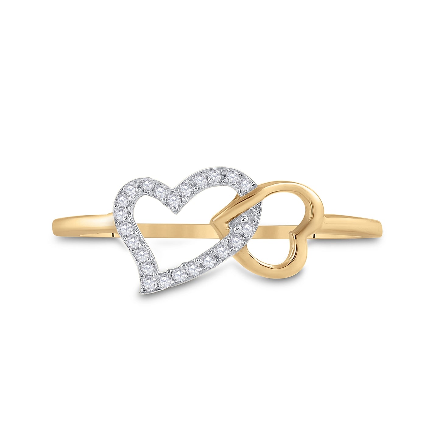 10K Yellow Gold Womens Round Diamond Double Heart Ring 1/20ctw, Womens Size: 5-10