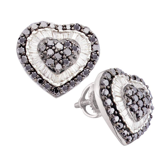 14kt White Gold Womens Round Black Color Enhanced Diamond Heart Cluster Screwback Earrings 1-1/2 Cttw