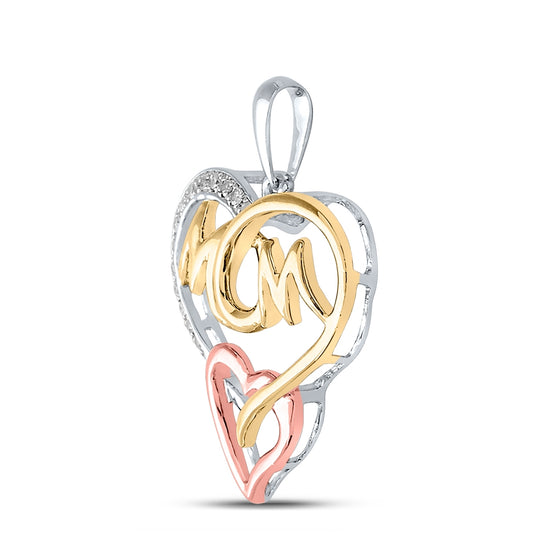 Tri-Tone Sterling Silver Womens Round Diamond Mom Heart Pendant 1/20ctw
