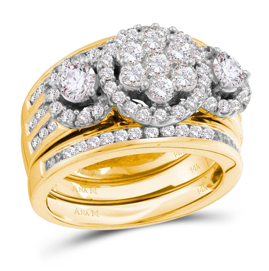 14K Yellow Gold Round Diamond 3-Piece Bridal Wedding Ring Band Set 2 Cttw, Womens Size: 5-10
