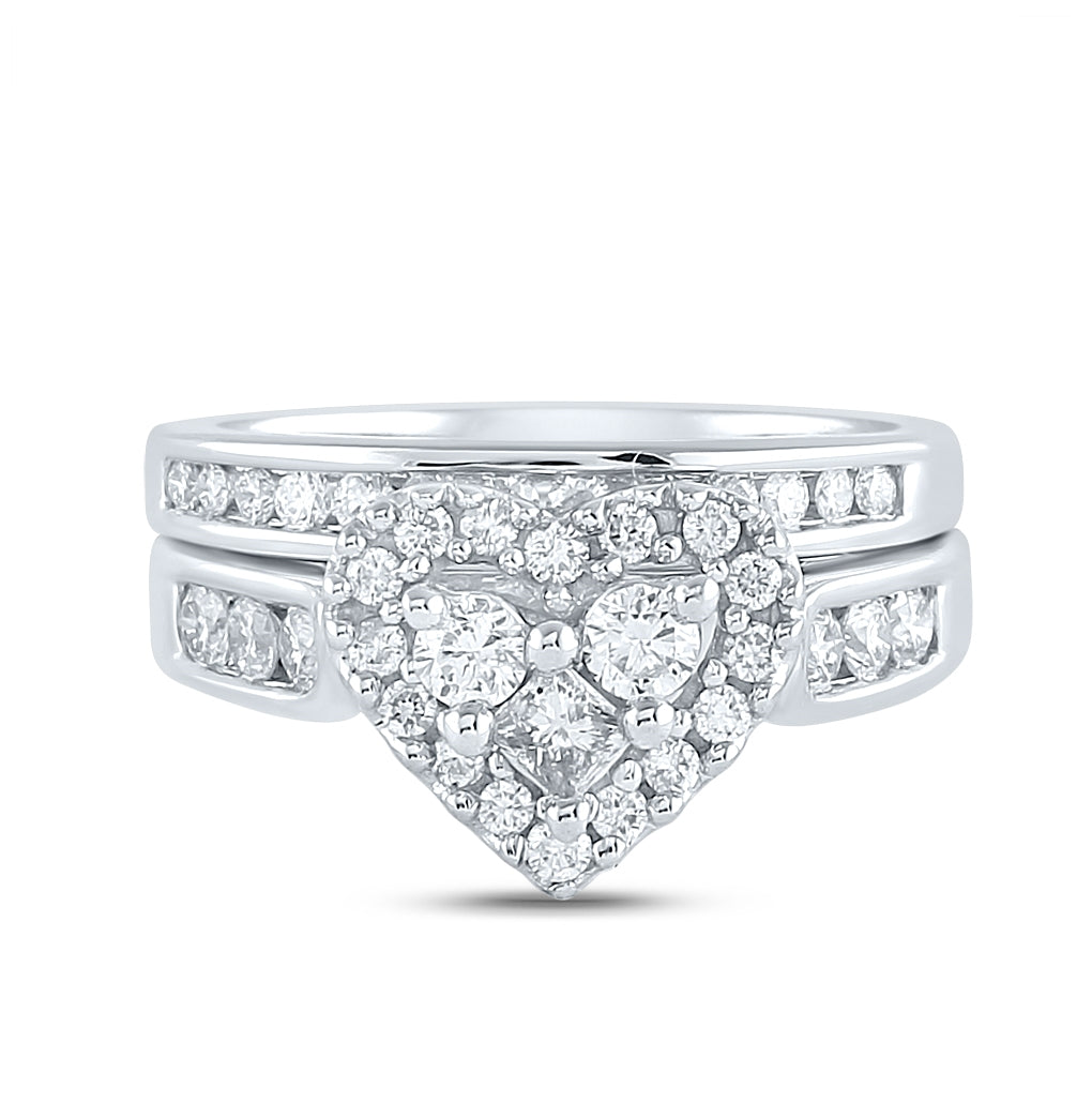 14K White Gold Princess Diamond Heart Bridal Wedding Ring Band Set 1 Cttw, Womens Size: 5-10