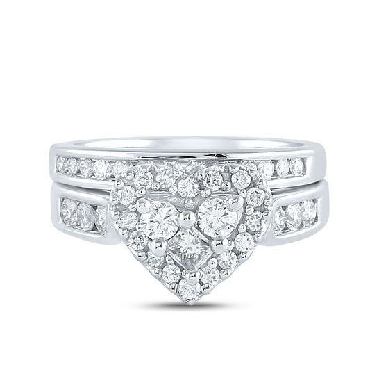 14K White Gold Princess Diamond Heart Bridal Wedding Ring Band Set 1 Cttw, Womens Size: 5-10