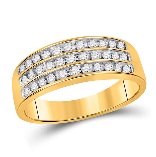 10K Yellow Gold Mens Round Diamond Wedding 3-Row Band Ring 1/2 Cttw, Mens Size: 7-13