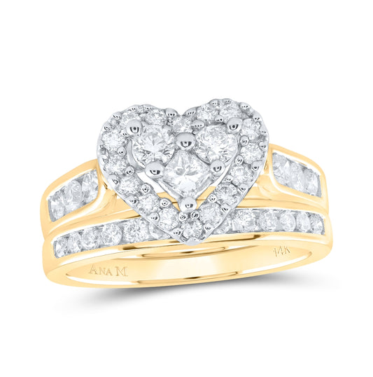 14K Yellow Gold Princess Diamond Heart Bridal Wedding Ring Band Set 1 Cttw, Womens Size: 5-10