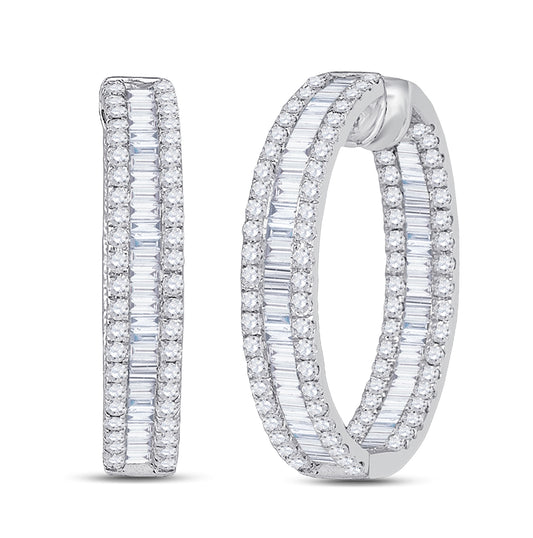 14kt White Gold Womens Baguette Round Diamond Inside Outside Hoop Earrings 3-1/3 Cttw
