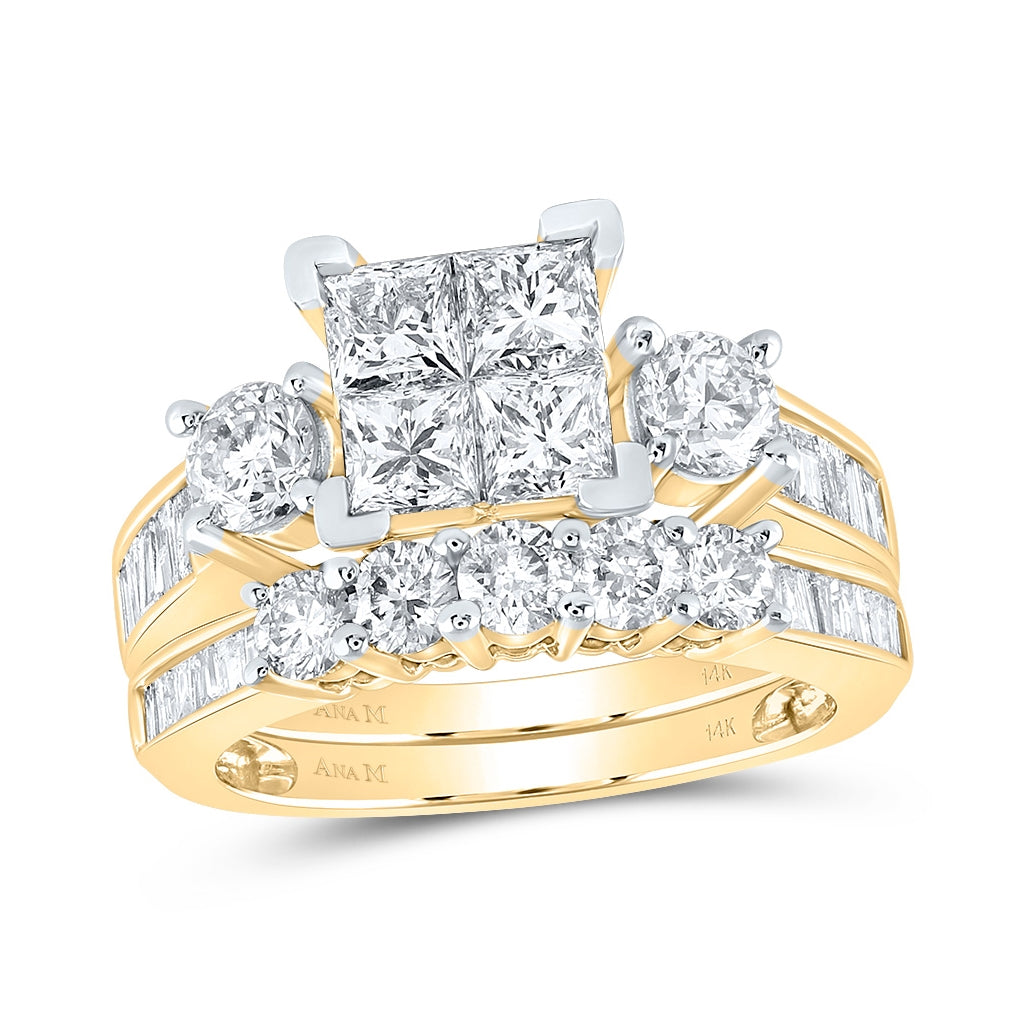 14kt Yellow Gold Womens Princess Diamond Bridal Wedding Engagement Ring Band Set 3.00 Cttw