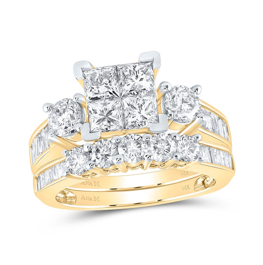 14kt Yellow Gold Womens Princess Diamond Bridal Wedding Engagement Ring Band Set 3.00 Cttw