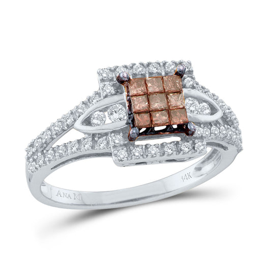 14kt White Gold Womens Princess Brown Diamond Square Cluster Ring 1/2 Cttw