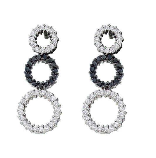 14kt White Gold Womens Round Black Color Enhanced Diamond Triple Circle Earrings 3/4 Cttw