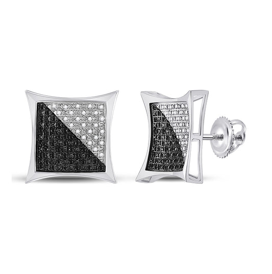 Sterling Silver Mens Round Black Color Enhanced Diamond Square Earrings 1/3 Cttw