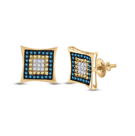 10kt Yellow Gold Mens Yellow Blue Color Enhanced Diamond Square Cluster Earrings 1/3 Cttw
