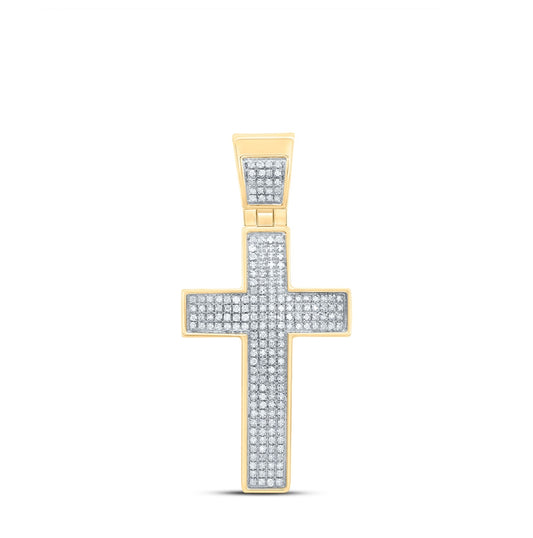 10K Yellow Gold Mens Round Diamond Cross Charm Pendant 1/2 Cttw, Length: 1.85 In, Width: 0.89 In