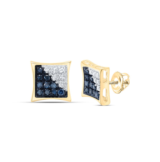 10K Yellow Gold Round Blue Color Enhanced Diamond Square Earrings 1/10 Cttw