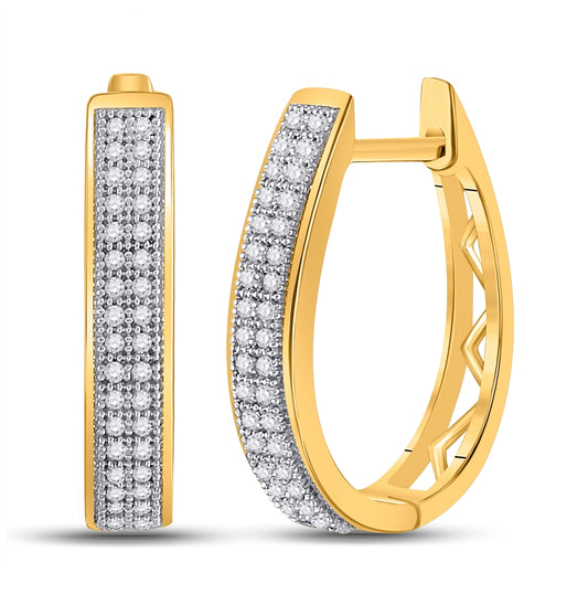 10K Yellow Gold Womens Round Diamond Double Row Hoop Earrings 1/5 Cttw