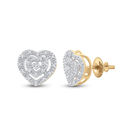 10K Yellow Gold Womens Round Diamond Heart Earrings 1/12 Cttw