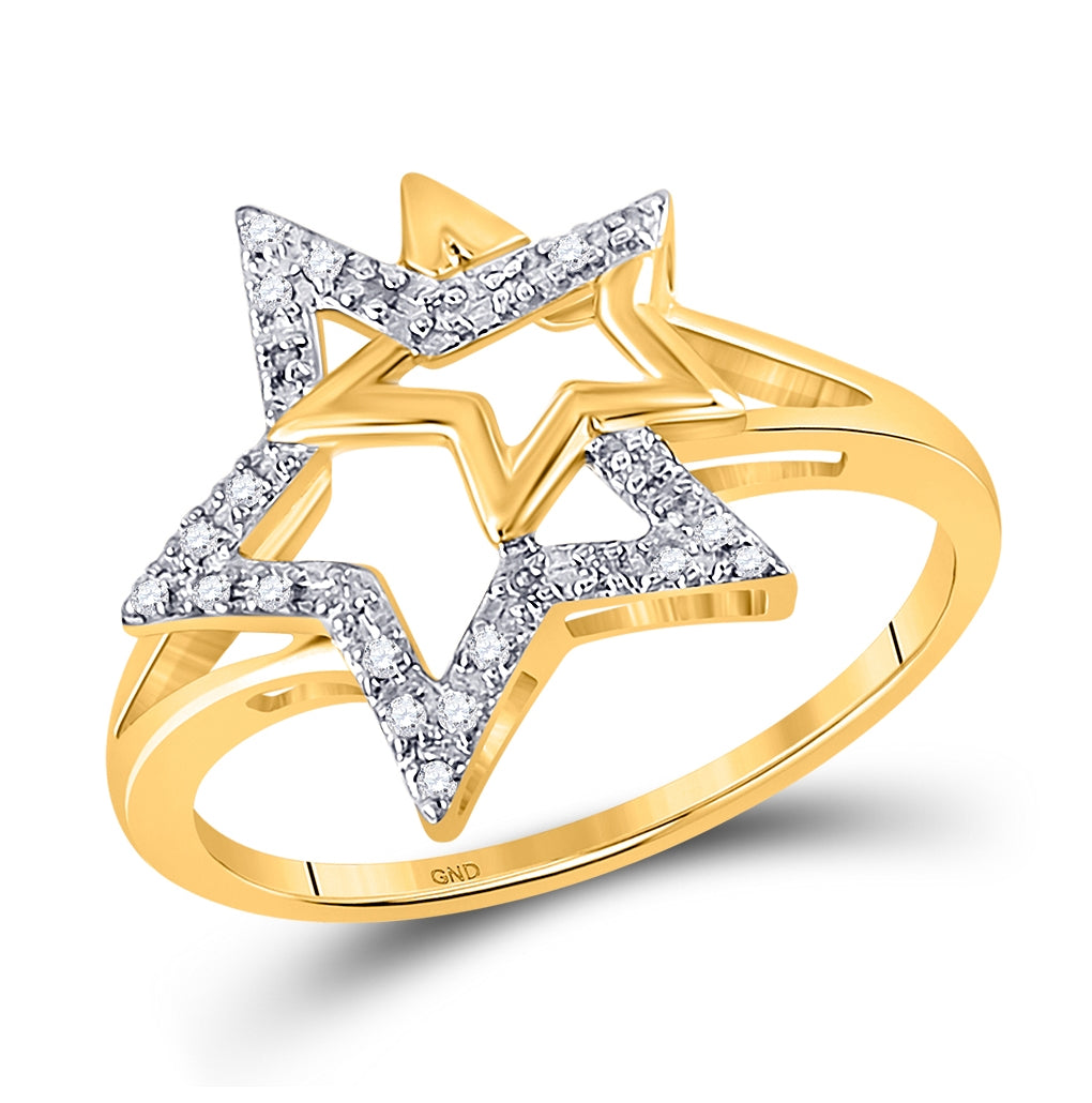 10K Yellow Gold Womens Round Diamond Double Star Ring 1/10 Cttw, Womens Size: 5-10
