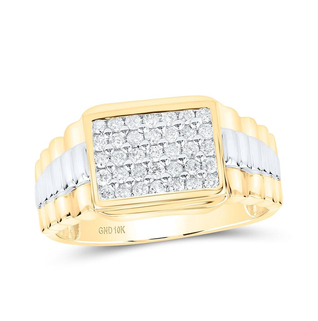 10K Yellow Gold Mens Round Diamond Rectangle Cluster Ribbed Two-tone Ring 1/2 Cttw, Mens Size: 7-13