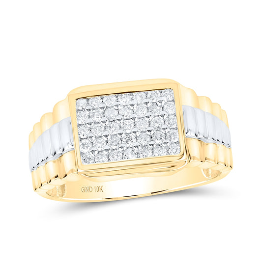 10K Yellow Gold Mens Round Diamond Rectangle Cluster Ribbed Two-tone Ring 1/2 Cttw, Mens Size: 7-13