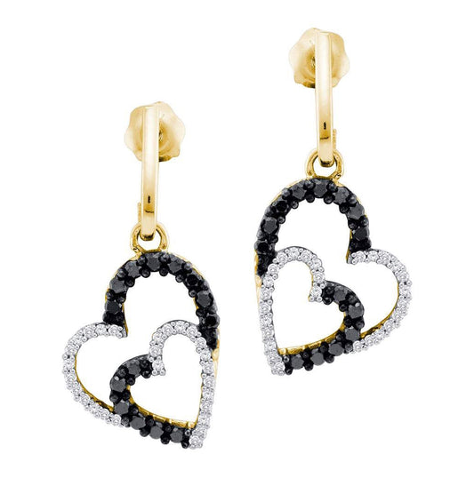 10kt Yellow Gold Womens Round Black Color Enhanced Diamond Double Heart Dangle Screwback Earrings 1/2 Cttw