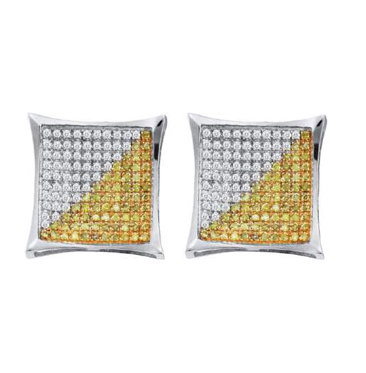 Sterling Silver Mens Round Yellow Color Enhanced Diamond Square Earrings 1/6 Cttw