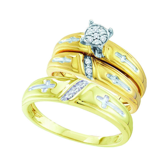 10kt Yellow Gold His Hers Round Diamond Cluster Matching Bridal Wedding Ring Band Set 1/10 Cttw