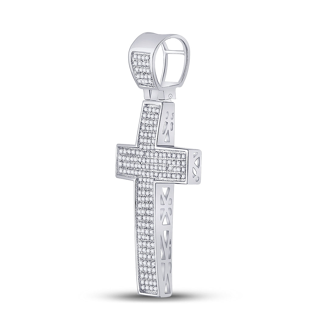 Sterling Silver Mens Round Diamond Cross Charm Pendant 1/2ctw