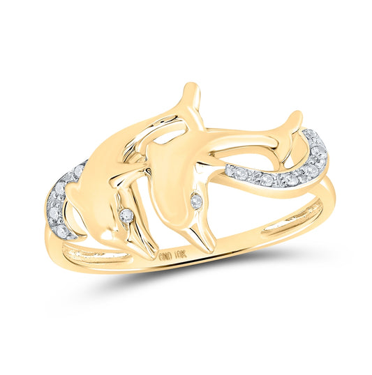 10K Yellow Gold Womens Round Diamond Double Dolphin Accent Ring 1/20 Cttw, Womens Size: 5-10