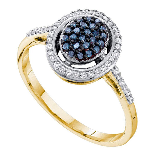 10kt Yellow Gold Womens Round Blue Color Enhanced Diamond Oval Cluster Ring 1/4 Cttw