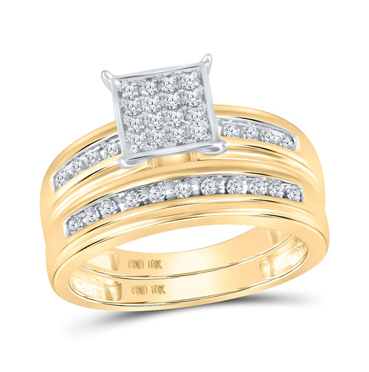 10K Yellow Gold His Hers Round Diamond Square Matching Wedding Set 1/2ctw, Womens Size: 5-10, Mens Size: 7-13