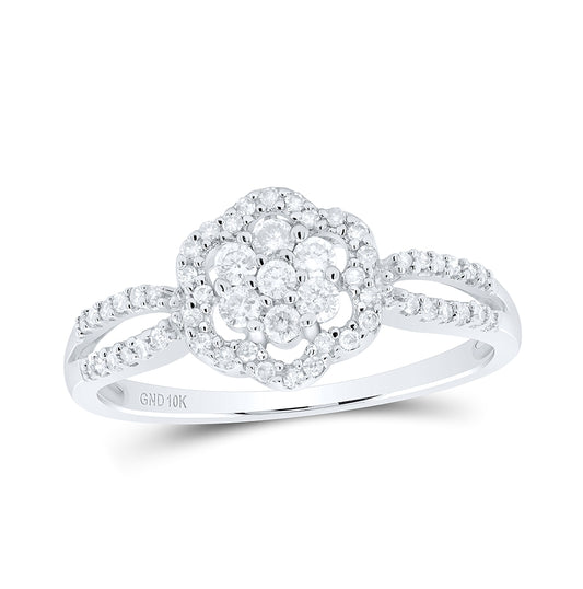 10K White Gold Womens Round Diamond Flower Cluster Ring 1/3 Cttw, Womens Size: 5-10