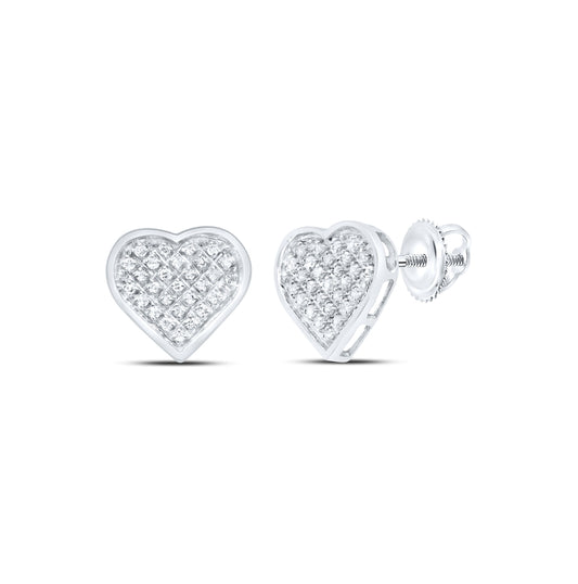 Sterling Silver Womens Round Diamond Heart Cluster Earrings 1/6ctw, Length: 0.36 Inch Width: 0.41 Inch