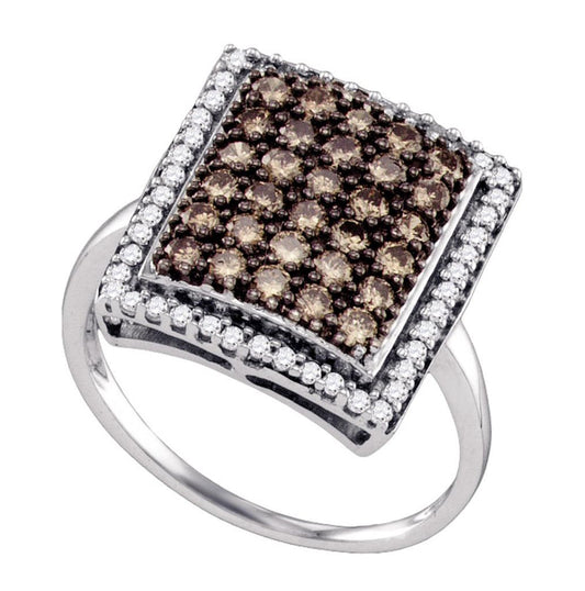 10kt White Gold Womens Round Brown Diamond Rectangle Cluster Ring 1.00 Cttw