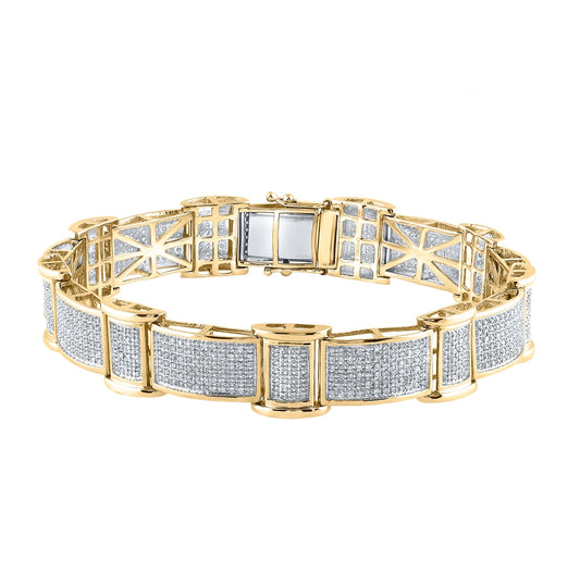 10K Yellow Gold Mens Round Diamond Rectangle Link Bracelet 2-5/8 Cttw