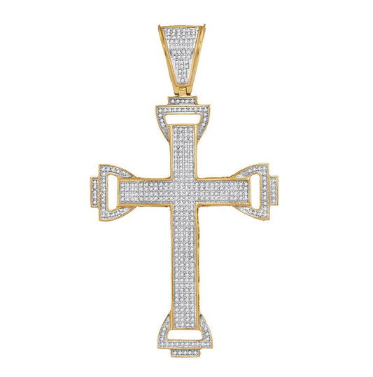 10K Yellow Gold Mens Round Diamond Cross Charm Pendant 1 Cttw, Length: 3.09 In, Width: 1.75 In